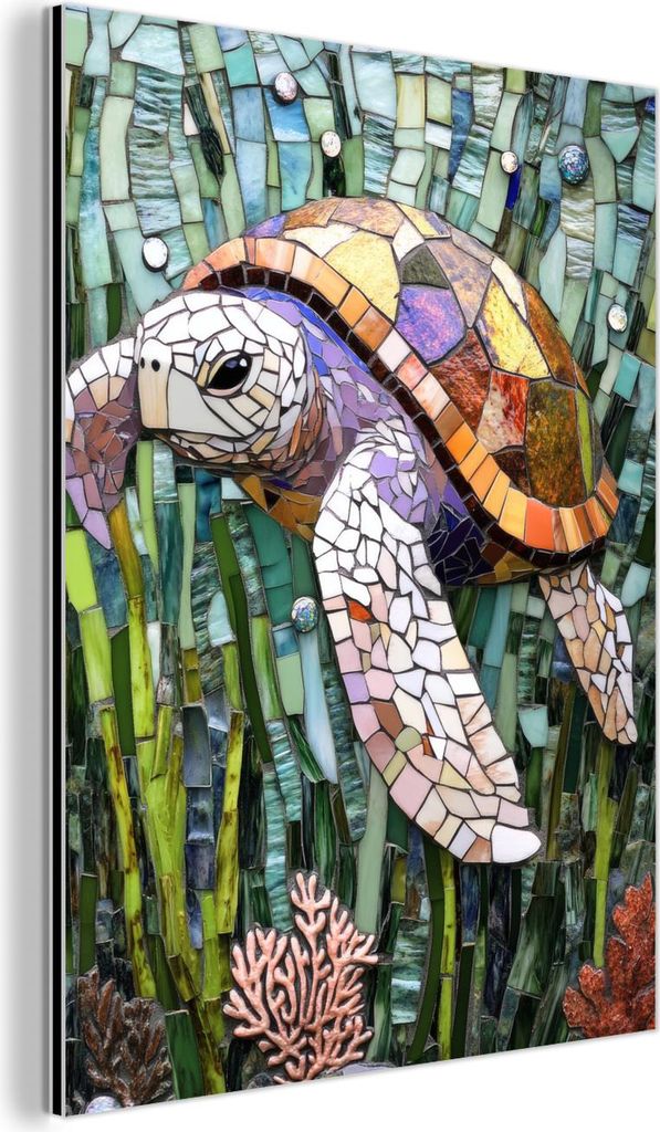 MuchoWow Wanddekoration Metall Metallbild Wandkunst 30x40 cm Schildkröte - Seegras - Mosaik MuchoWow Aluminium Gemälde - Bilder