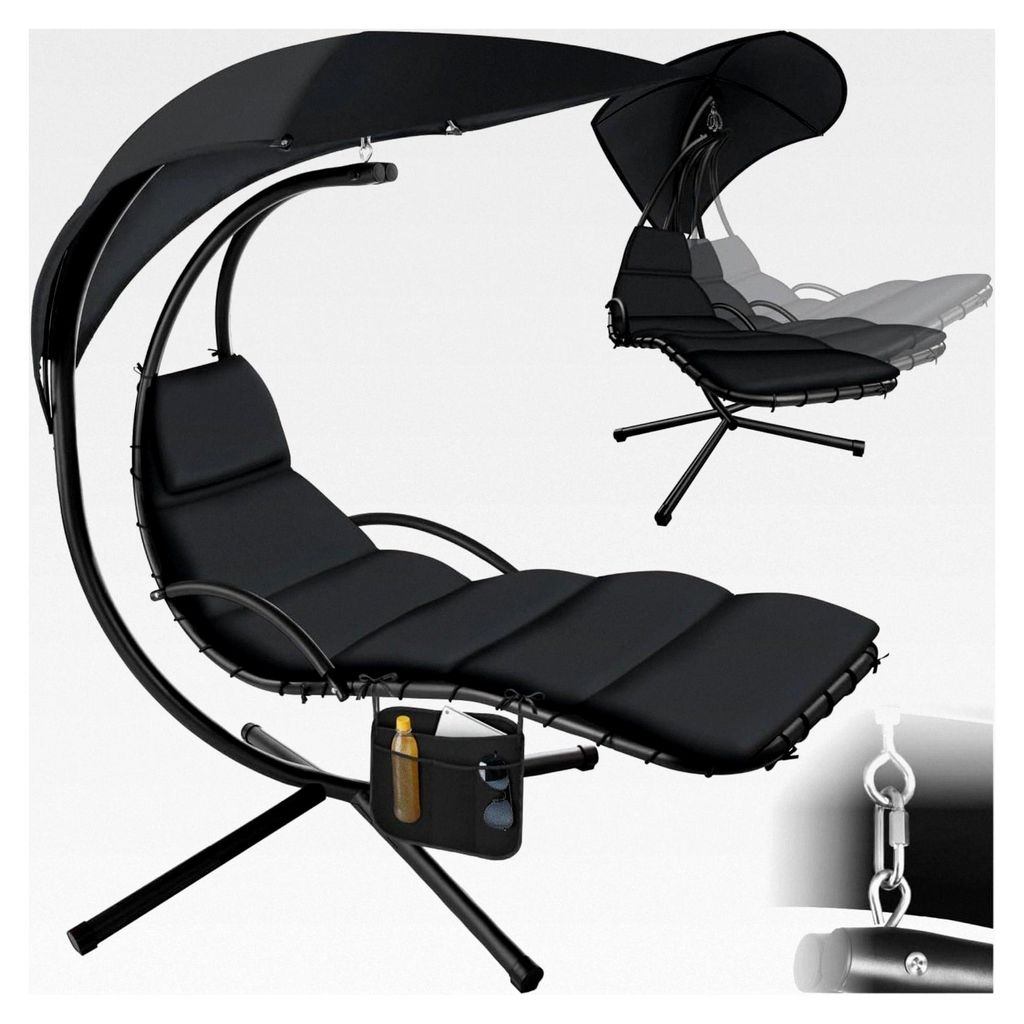 Hängeliege mit Gestell, Schwebeliege, Schwingliege mit Sonnendach, Schaukelliege, Hängesessel inkl. Tasche, Polsterauflage mit Kopfkissen, für G...