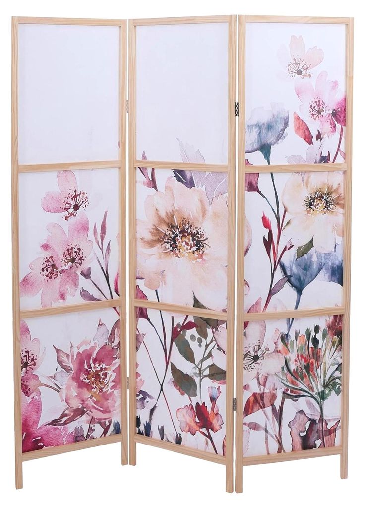 Paravent, Trennwand Sichtschutz Raumtrennung mit Naturmotiven aus Holz und Polyethylen 170x137cm - Blumen