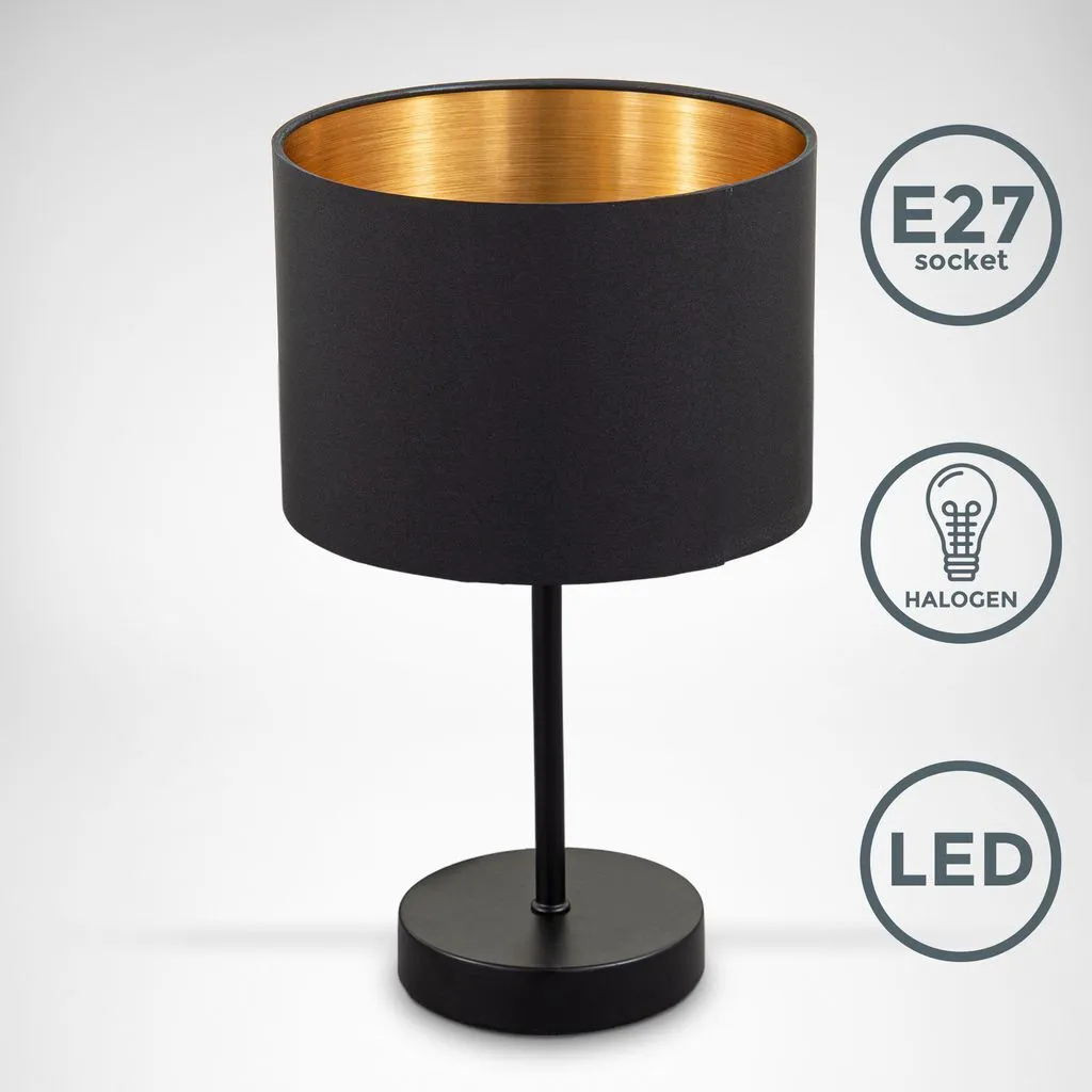 B.K.Licht Lampada da comodino con paralume in tessuto nero e oro, adatta per lampadina E27 non inclusa max 40W, Lampada da tavolo diametro 20cm, abat-jour per camera con interruttore on off sul filo