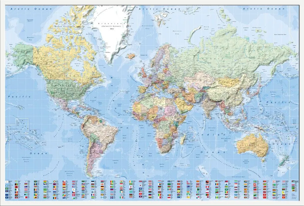 Grande carte du monde pour bureau avec cadre blanc et drapeaux anglais