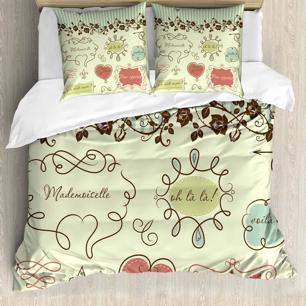 ABAKUHAUS Hipster Bettbezug, Weinlese-Frankreich-Gekritzel, Milbensicher Allergiker geeignet mit Kissenbezügen, 155 cm x 220 cm - 80 x 80 cm, Hell...