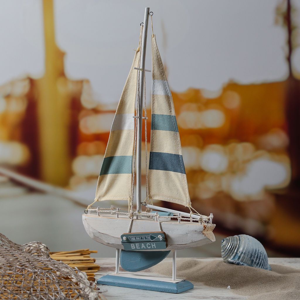 Segelboot - Schiff - maritime Dekoration - Holz - H: 42cm - weiß, blau