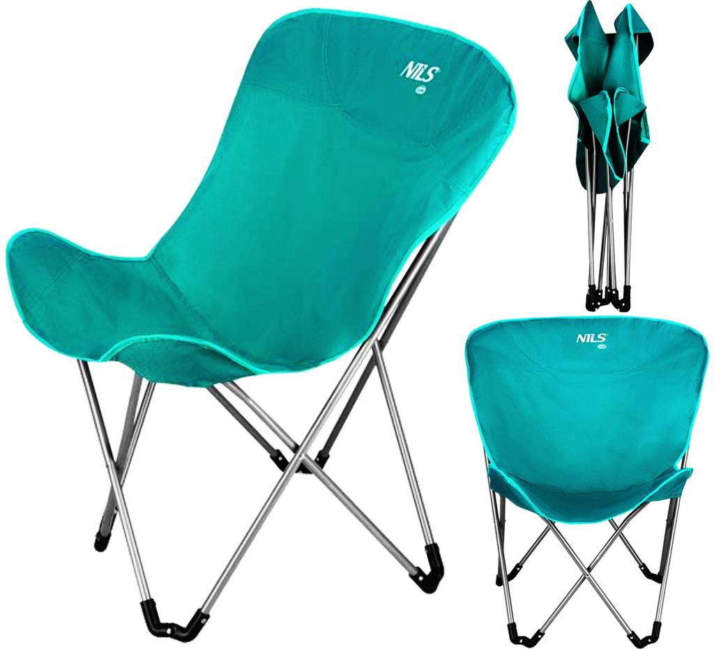A teal camping chair is shown in three different views: fully assembled, folded, and a close-up of the seat.
