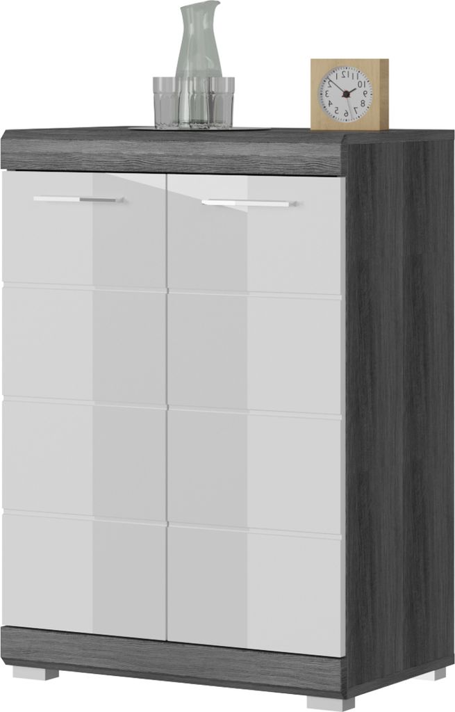 Kommode "Shawn" weiß Hochglanz und Rauchsilber grau Sideboard 60 x 85 cm