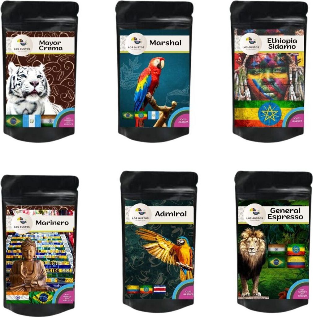 Los Gustos Kaffee Ganze Bohne Set 6x70 g - Kaffeebohnen, das perfekte Geschenk, Ganze Bohnen, Frisch Geröstet
