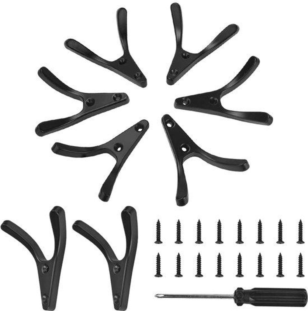 Aluminiumlegering 8-pack kapstokhaken, 85 x 79 mm, schroeven, dubbele wandhaken, moderne zwarte haken, studeerkamer/slaapkamer wandjashaken