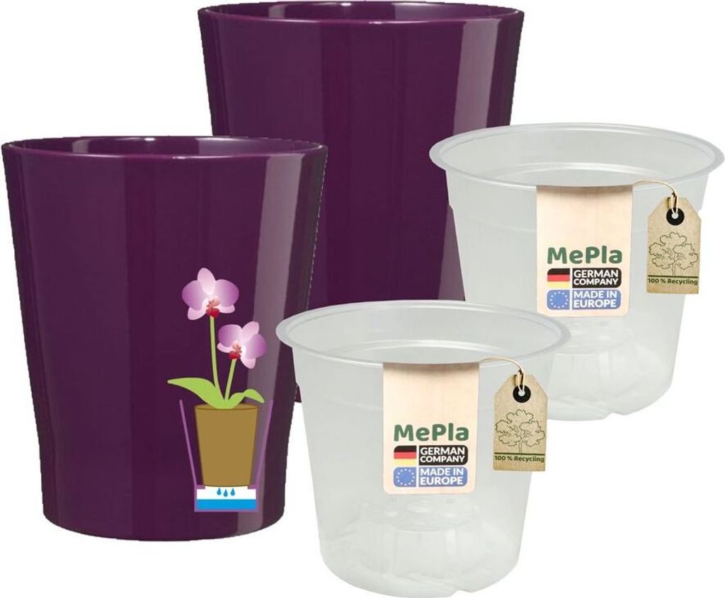 MePla - 2 Stück - Orchideenkübel Merina ø 14 Aubergine + Pflanztopf Orchidee ø 12