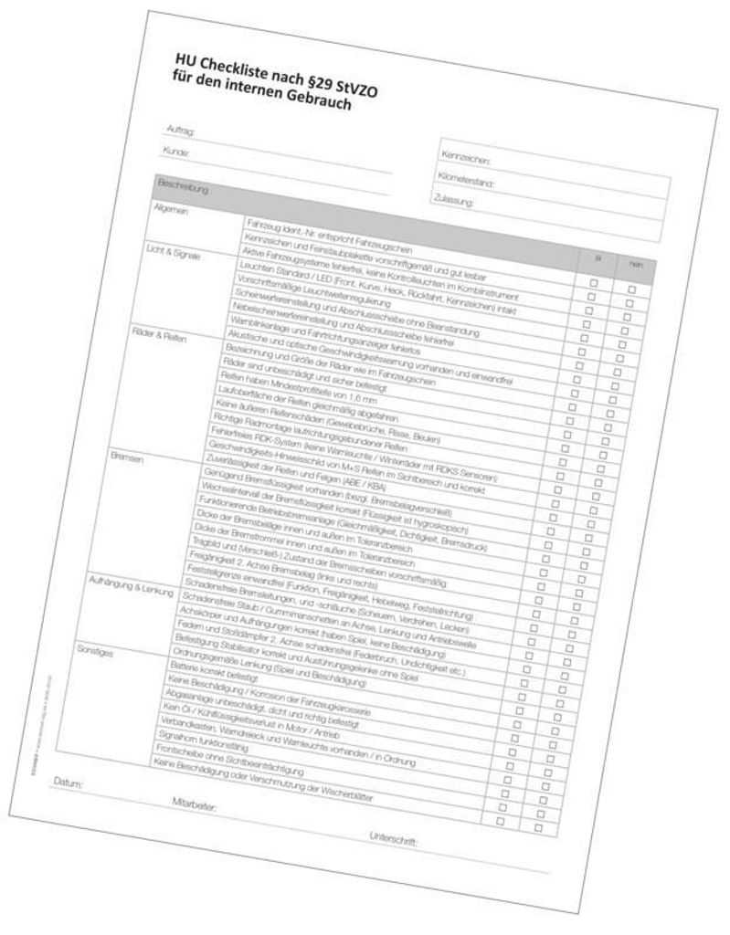 Diverse Formblätter zur besseren Übersicht bei allen inspektionsrelevanten Kategorien, A4-Format, Bedruckung HU-Checkliste nach §29 StVZO, Verpa...