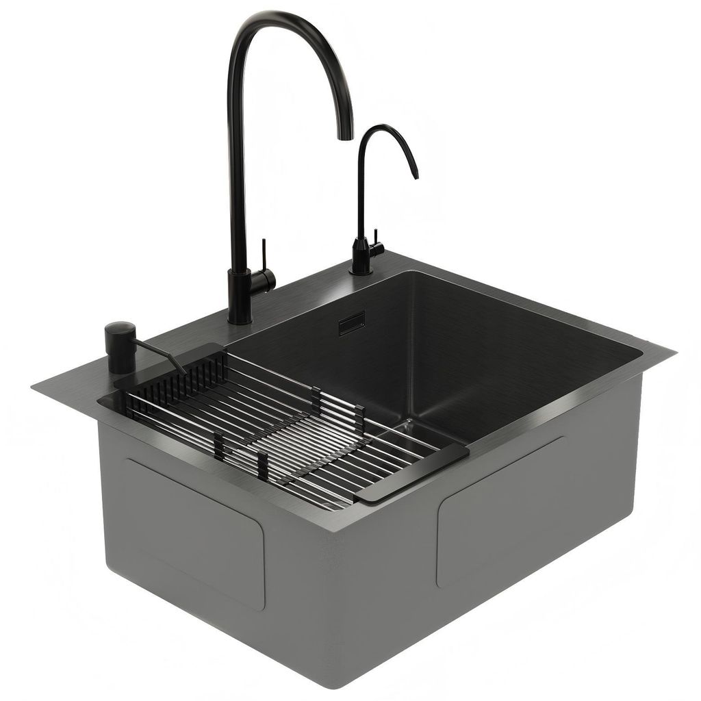 Spülbecken Schwarz 55×45 cm – Edelstahl Küchenspüle mit Pop-Up Abfluss, Armatur Set & komplettem Zubehör, Einbauspüle für Unterschränke a...