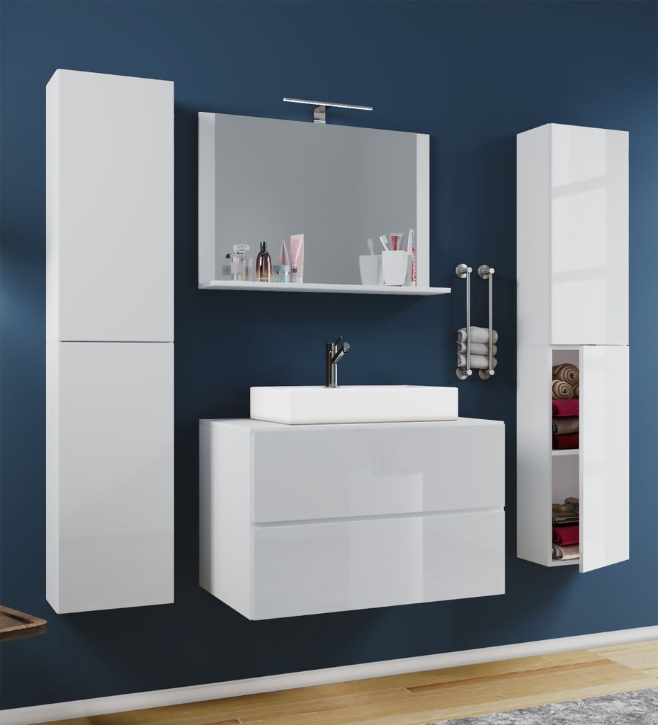 VCM 5-tlg. Waschplatz Waschtisch | Waschbecken Unterschrank Breite 60 cm | Badmöbel Set mit Schubladen Drehtüren Spiegel | Lendas XL Schublade