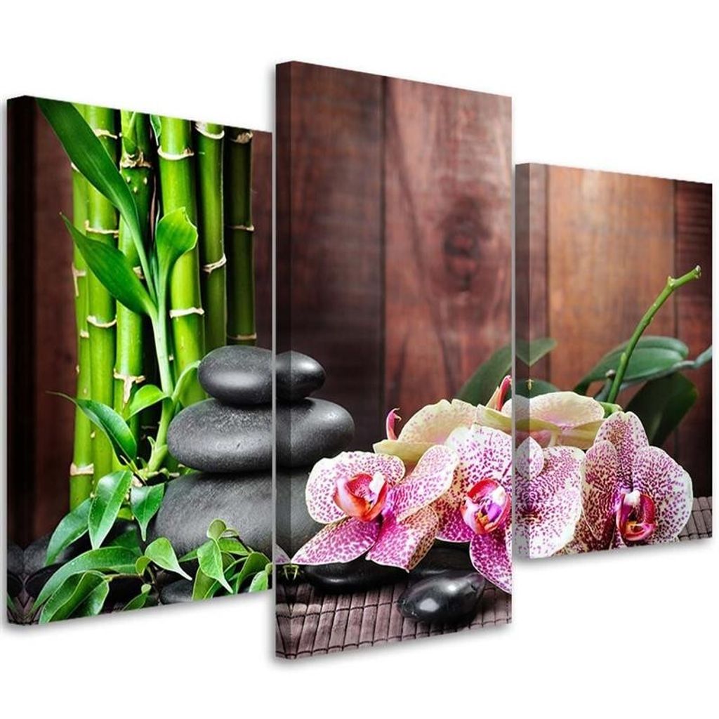 Triptychon auf leinwand orchideenbambus und steine 60x40 cm Feeby braun wandbild bereit zum aufhängen