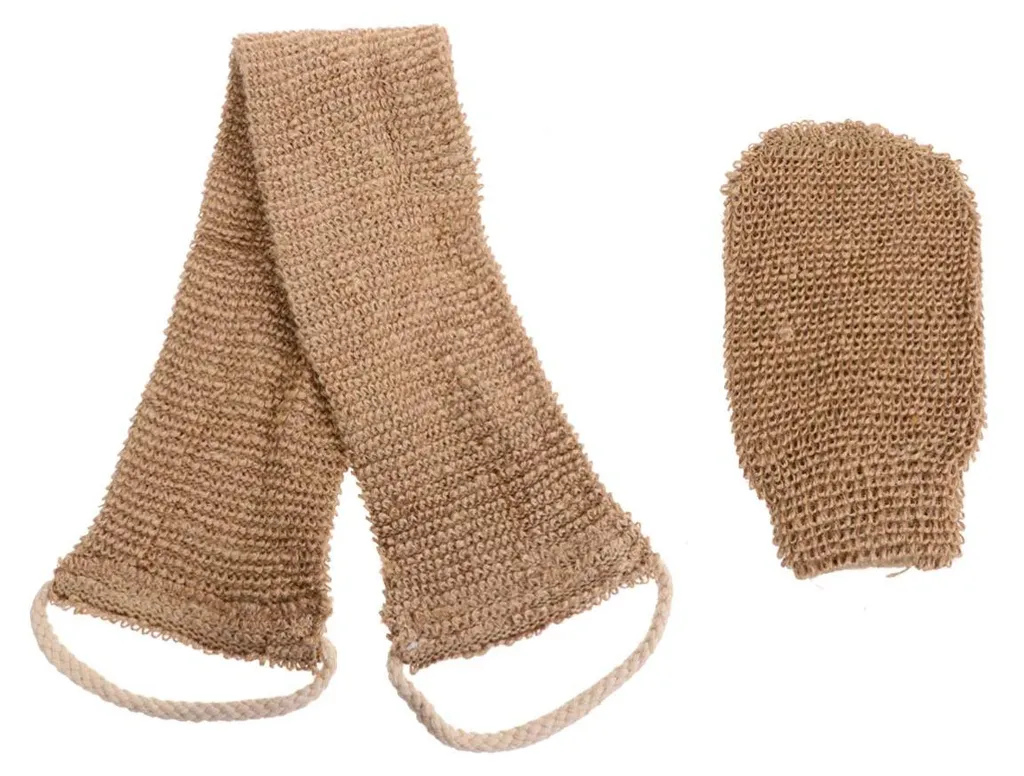 Kit de Massage Dos pour le Bain : Bande Exfoliante et Gants en Sisal Duo