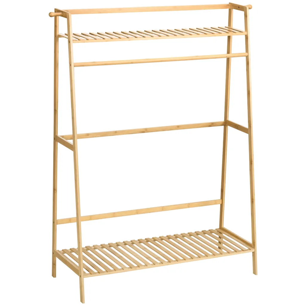 Penderie ouverte en bambou avec double étagère et barre de suspension 114cm