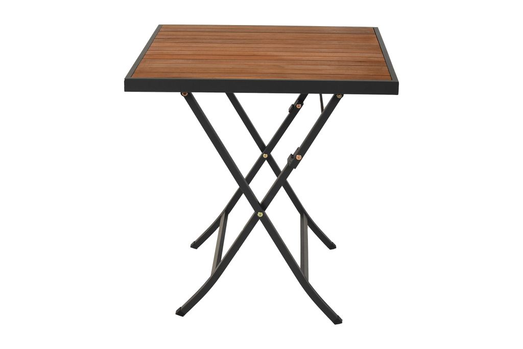 A square folding table with a wooden top and black metal legs, shown against a white background.