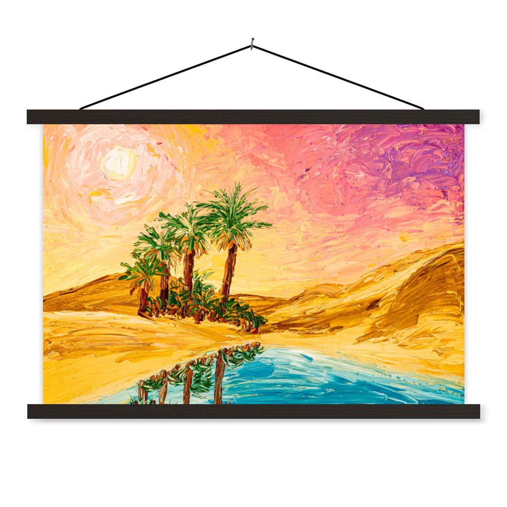 MuchoWow Textilposter Gemälde - Öl - Palme - Natur - Wasser 90x60 cm mit schwarzem Rahmen - Aufhängungssatz