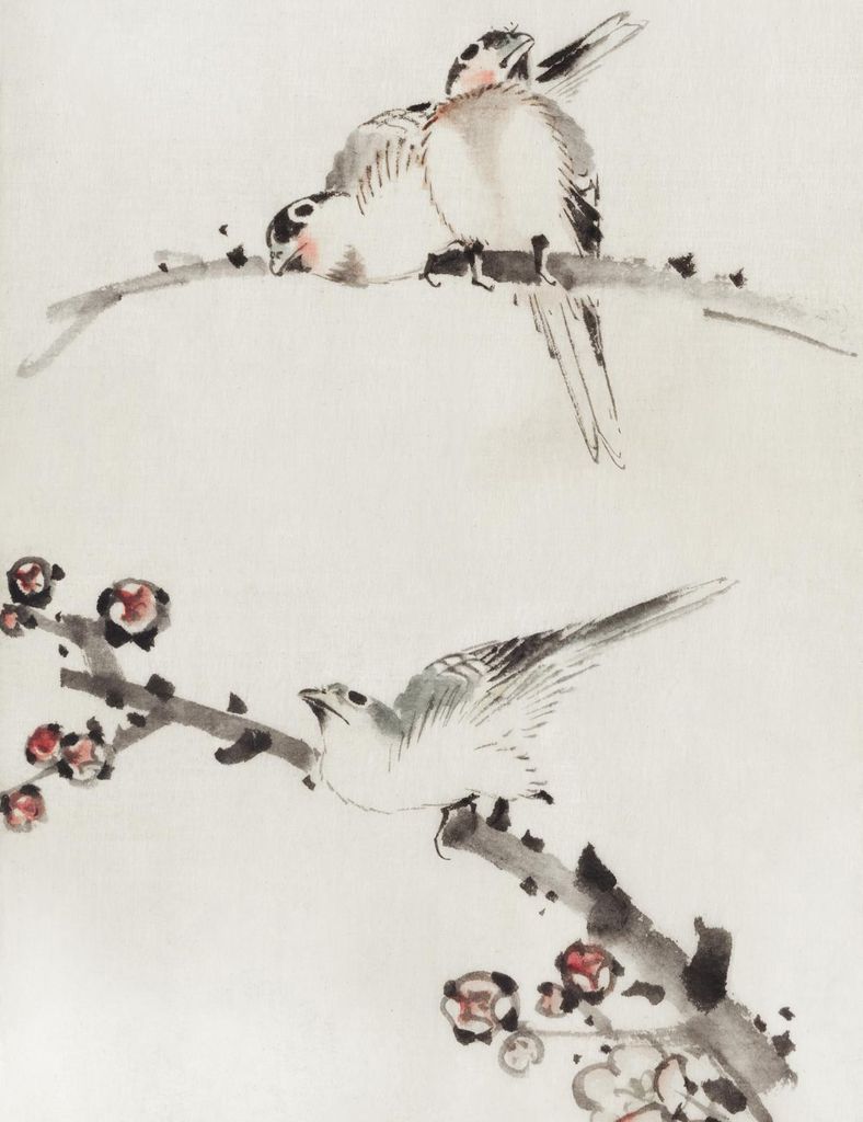 Plakat 50x65cm Drei Vögel auf Ästen, Hokusai Vintage für das Wohnzimmer