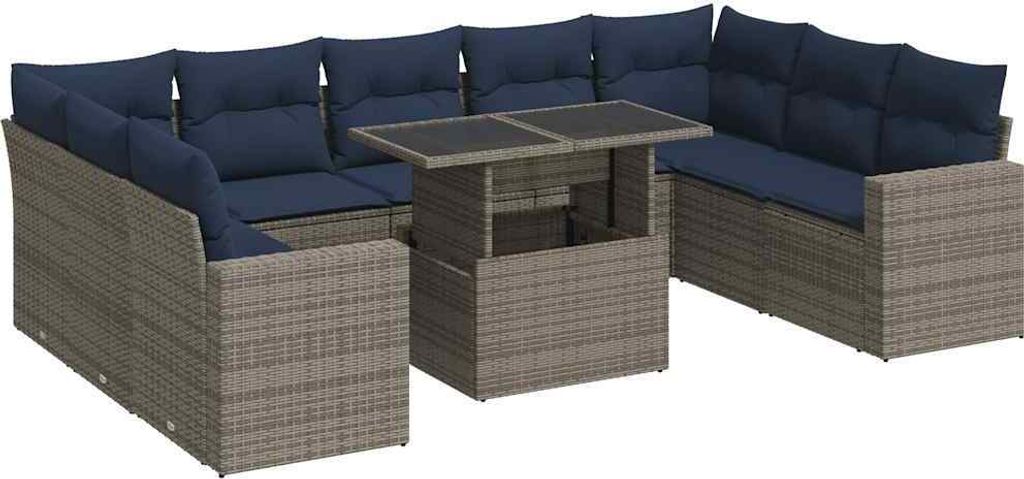 10-tlg. Garten-Sofagarnitur mit Kissen Grau Poly Rattan Akazie