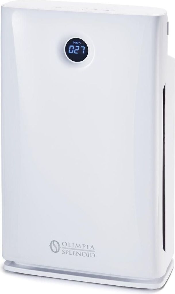 A white air purifier is shown from the front on a white background.