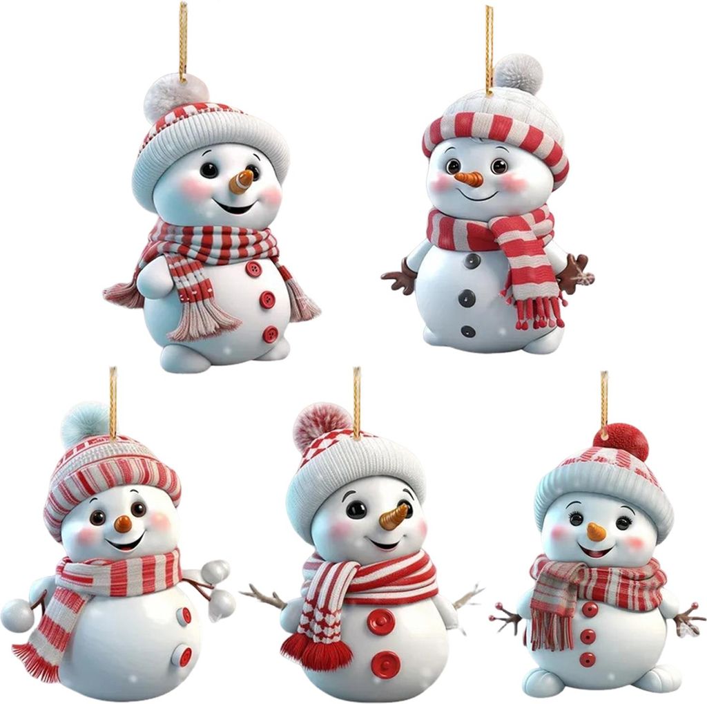 5-teiliges Set niedlicher Cartoon-Schneemann-Ornamente aus Acryl zum Aufhängen für Weihnachtsbaum, Auto-Rückspiegel, Weihnachtsdekoration für Z...