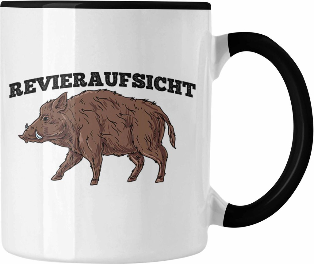 Trendation - Lustige Tasse "Revieraufsicht" Wildschwein Grafik Geschenk für Jäger Jägd (Schwarz)