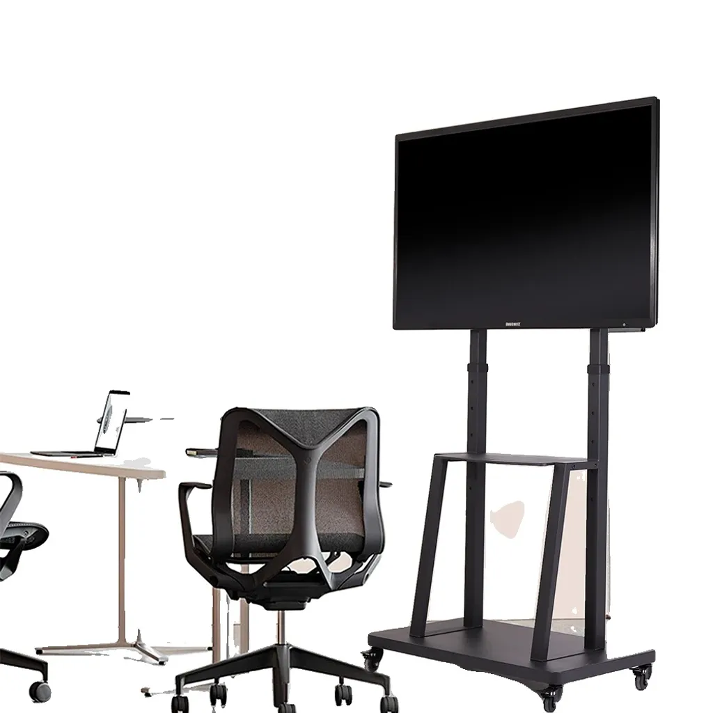 Support TV réglable en hauteur avec roues - Structure Acier Noir Robuste