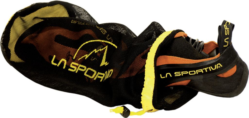 Schuhbeutel von La Sportiva; schwarz mit gelben Akzenten; geeignet für Kletterschuhe.