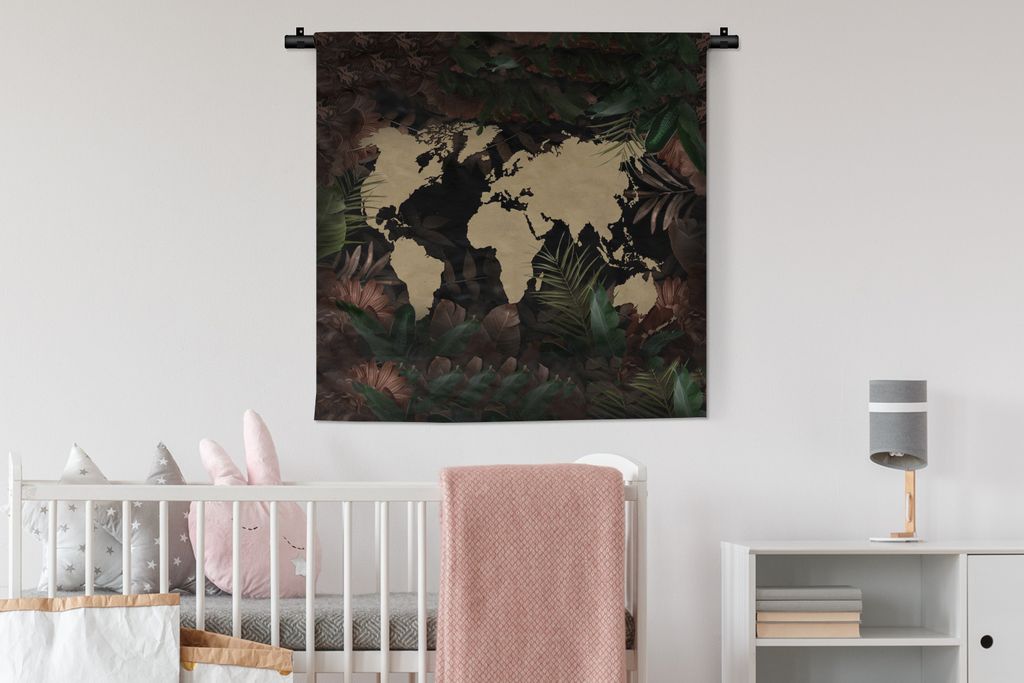 MuchoWow Wandteppich Wandbehang Weltkarte - Vintage - Blumen 90x90 cm Tapisserie Dekoration Wandtuch - Wandaufhänger
