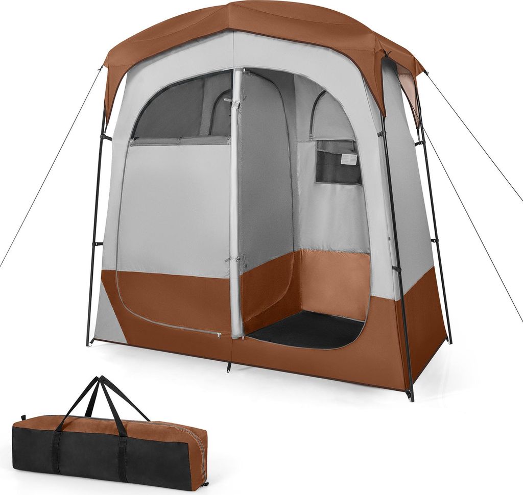COSTWAY 210x106x210 cm Duschzelt mit 2 Räumen, abnehmbarem Regenschutz, Innentasche, Wäscheleine&oberem Haken, Umkleidezelt, Outdoor Toilettenzelt