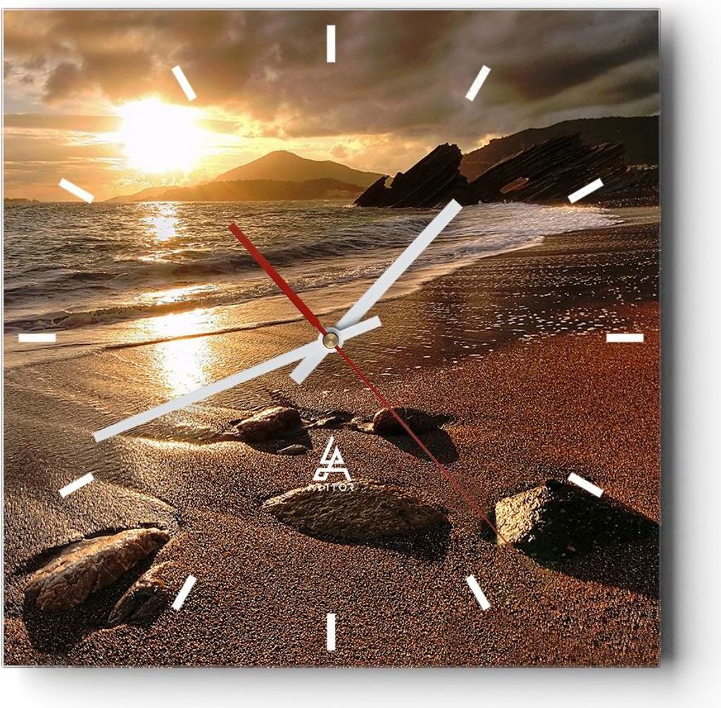 Wanduhr - Quadrat - Glasuhr - Strand Wolken Abend Küste - 30x30cm - Schleichendes Uhrwerk - Lautlos - zum Aufhängen bereit - Dekoration Modern - ...
