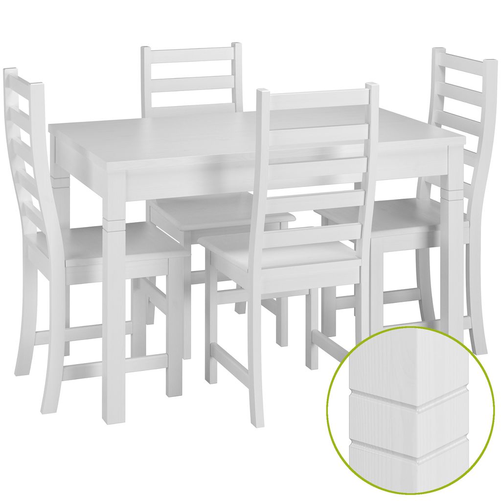 Schöne Essgruppe mit Tisch und 4 Stühlen in kiefer Massivholz waschweiß 90.70-51 B W-Set 21