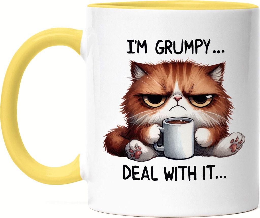 I'm Grumpy Deal With It Tasse Gelb Lustige Katze Morgenmuffel Humor Geschenkidee