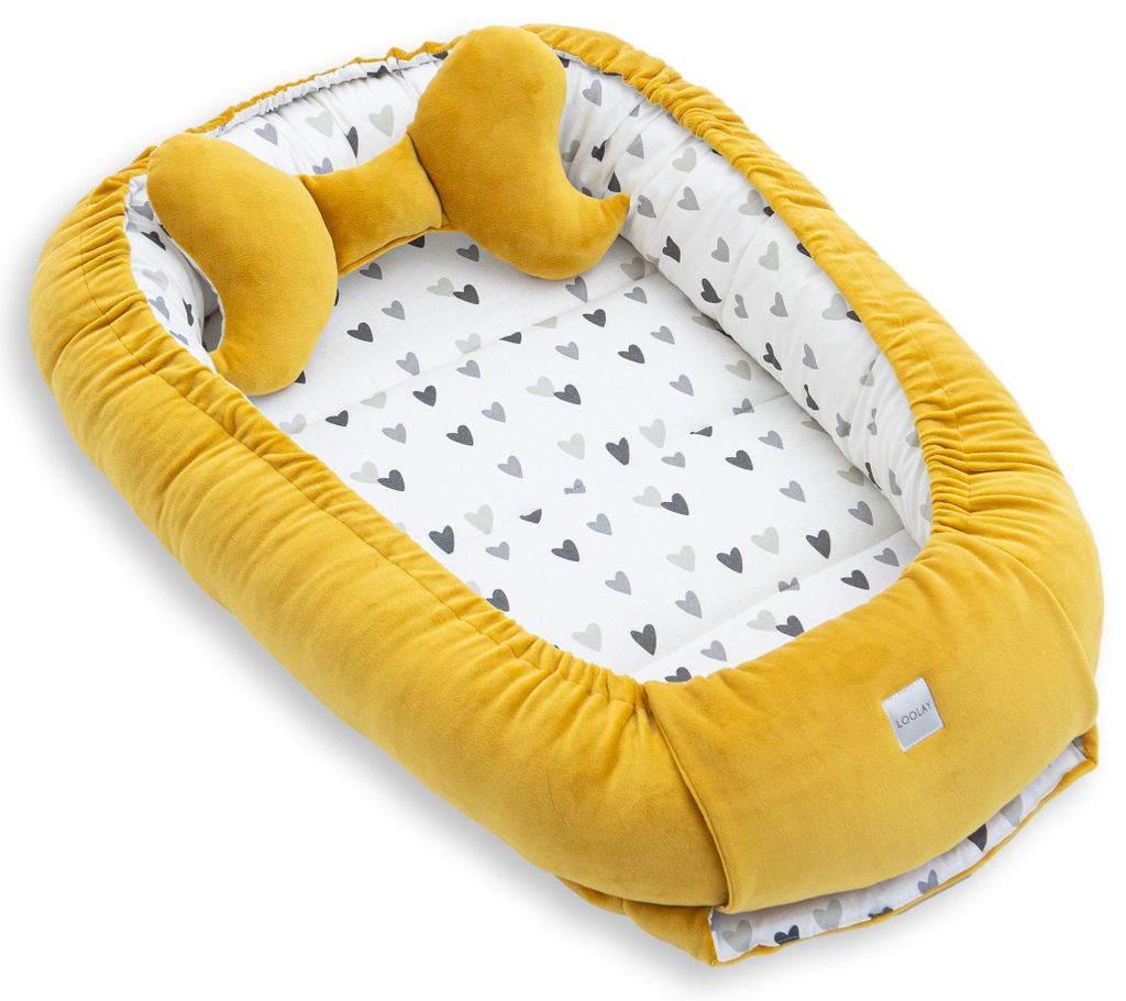 Premium BABYNEST + Kissen GELB Samt Velour/ Herzchen Grau Baumwolle Nestchen Babyausstattung Geschenk Geborgenheit Komfort für Neugeborene