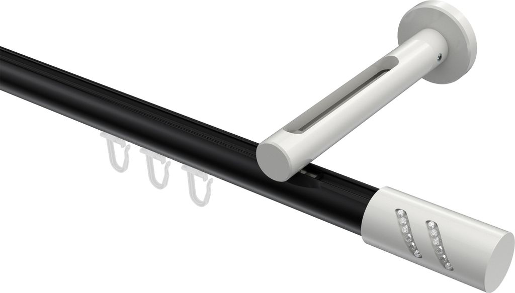 Interdeco Innenlaufstange / Gardinenstange mit Innenlauf Schwarz / Weiß, Typ Siteno Zoena (Glitzerzylinder), 20 mm Ø 1-läufig, 280 cm