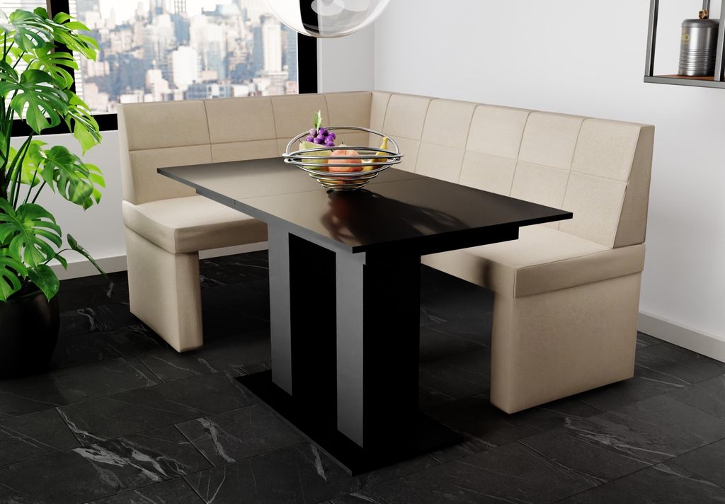 Eckbankgruppe 168x128 cm BLAKE R Stoff Soro Creme / Esstisch DANTE Schwarz