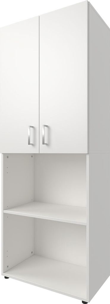 A white storage cabinet with two upper doors and two open shelves below, shown from a slightly angled front view.