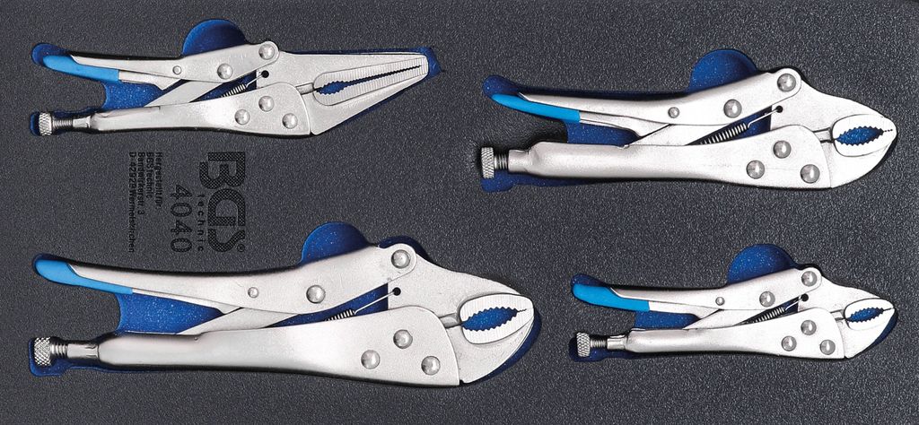Four locking pliers are neatly arranged in a black foam insert.