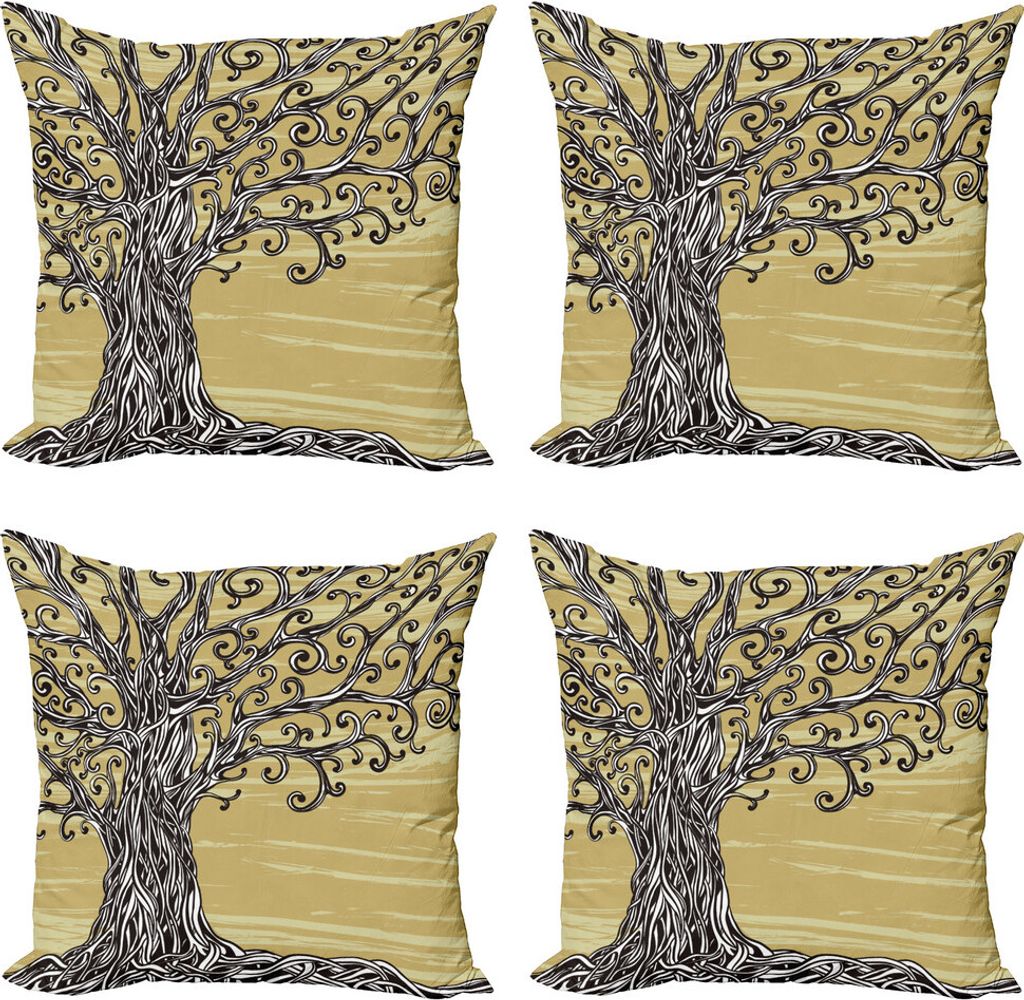 ABAKUHAUS Baum des Lebens Kissenbezug Set (4 Stück), Natur Eco Sketchy, Moderner Doppelseitiger Digitaldruck, 40 cm x 40 cm, Mustard Brown