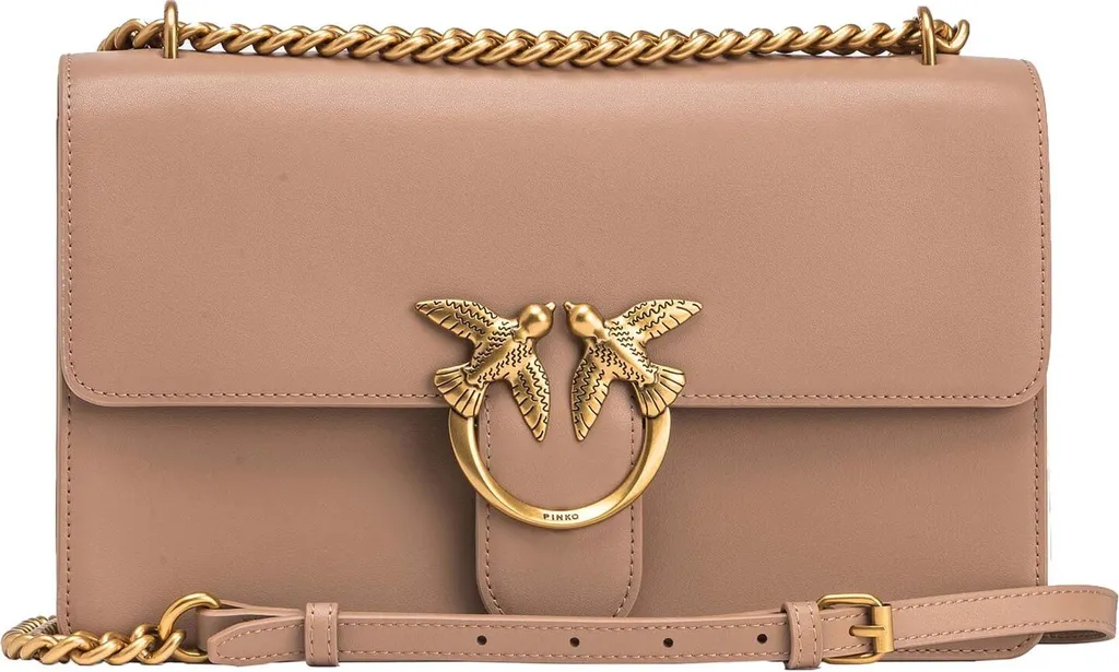 Sac PINKO Love One Classic en cuir taupe avec boucle dorée antique