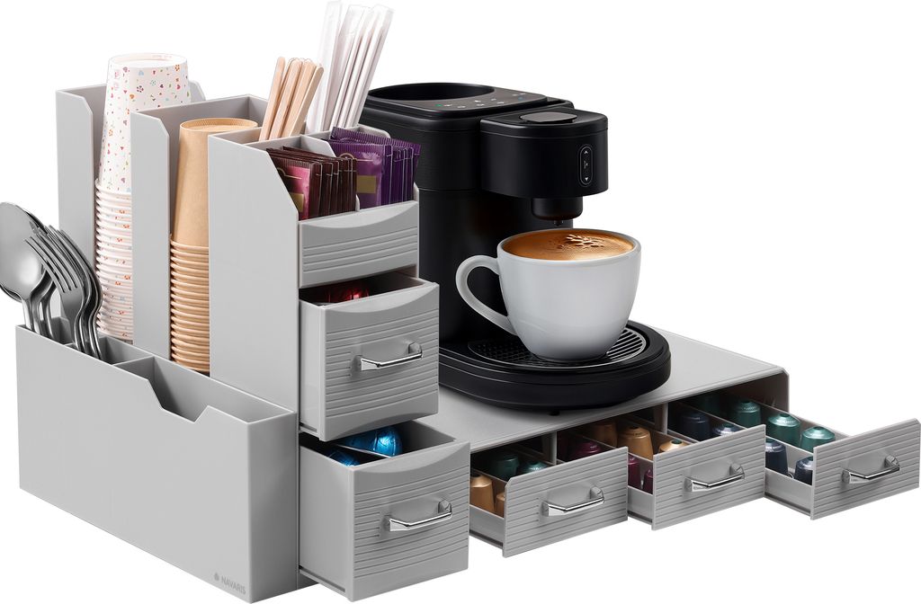 Navaris Kaffee Organizer Set - Platzsparende Kaffeekapseln Aufbewahrung - Kaffeebar Organizer - Tee Schubladenbox - Kaffeestation ideal für Büro