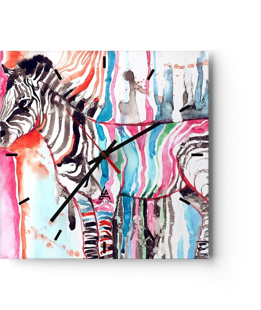Wanduhr - Quadrat - Glasuhr - Zebra Tiere Natur bunte - Produktbild 