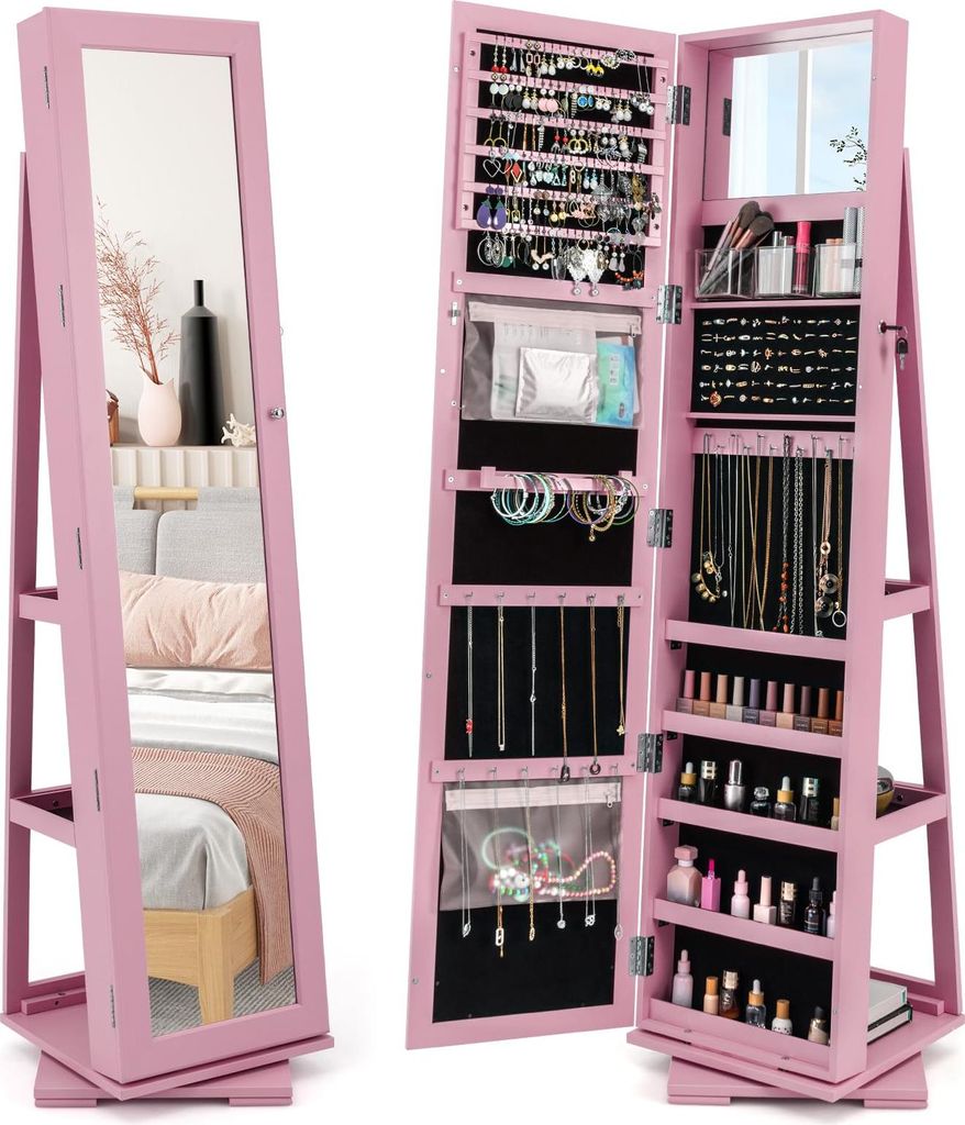GOPLUS 3 in 1 Schmuckschrank mit spiegel, Spiegelschrank stehend, 360°drehbar, abschließbar, Schmuck Organizer mit Stauraum & Ablagefächern (Rosa)