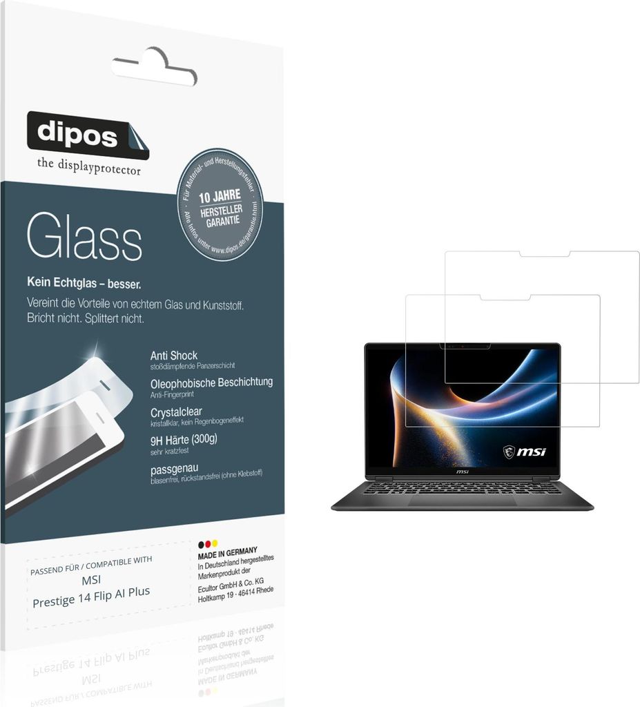 2x Schutzfolie für MSI Prestige 14 Flip AI Plus - Anti-Shock 9H Folie dipos Glass Kunststoffglas
