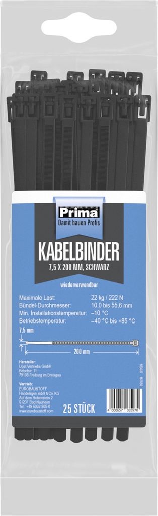 Prima Kabelbinder 7, 5x200mm wv. schw. Wiederverwendbar, 25 Stück