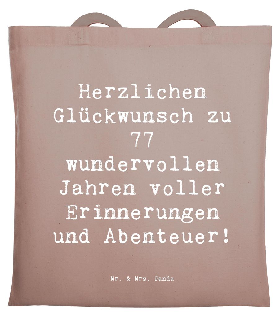 Mr. & Mrs. Panda Tote Bag Spruch 77. Geburtstag - Braun Pastell - Geschenk, Abenteuer, Uni Tasche, Erfahrungen, Geburtstagssprüche, Lebensfreude, ...