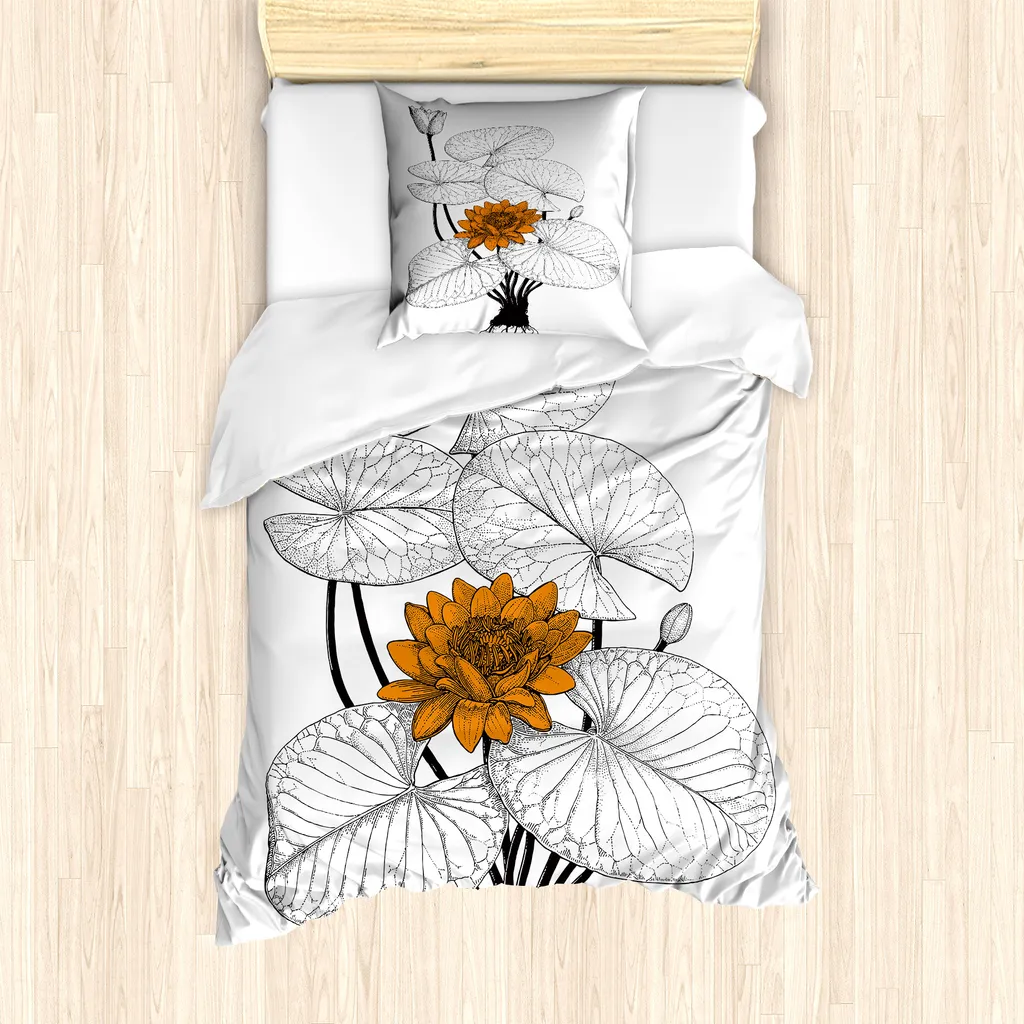 ABAKUHAUS Set copripiumino per letto singolo, ninfea, antiacaro, adatto a chi soffre di allergie, con federa, 135 cm x 200 cm - 80 x 80 cm, arancione, nero e bianco