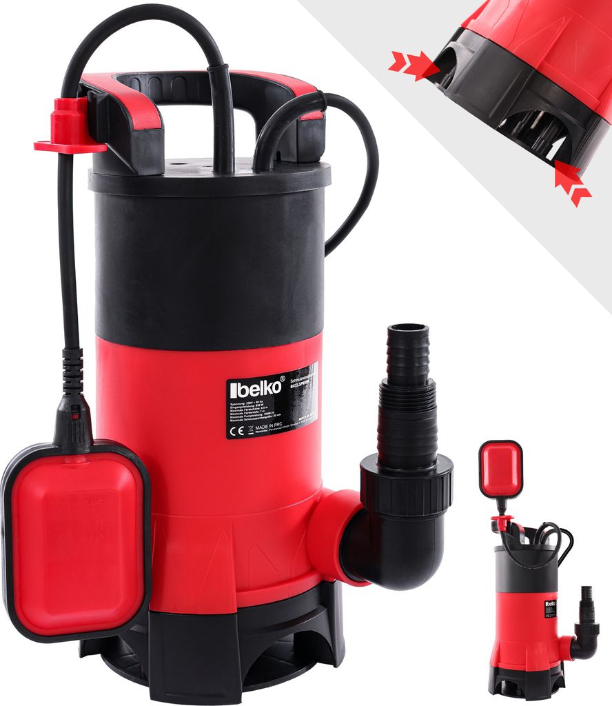 A collage of images showing a red and black submersible pump, with a close-up of its inlet and a smaller inset image of the pump.