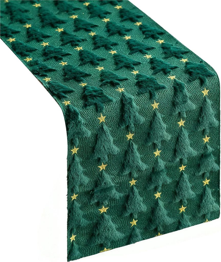 Tischläufer mit grünem Weihnachtsbaum-Motiv, 33 x 183 cm, weicher Plüsch-Jacquard-Tischläufer aus Kunstfell für die festliche Tischdekoration ...
