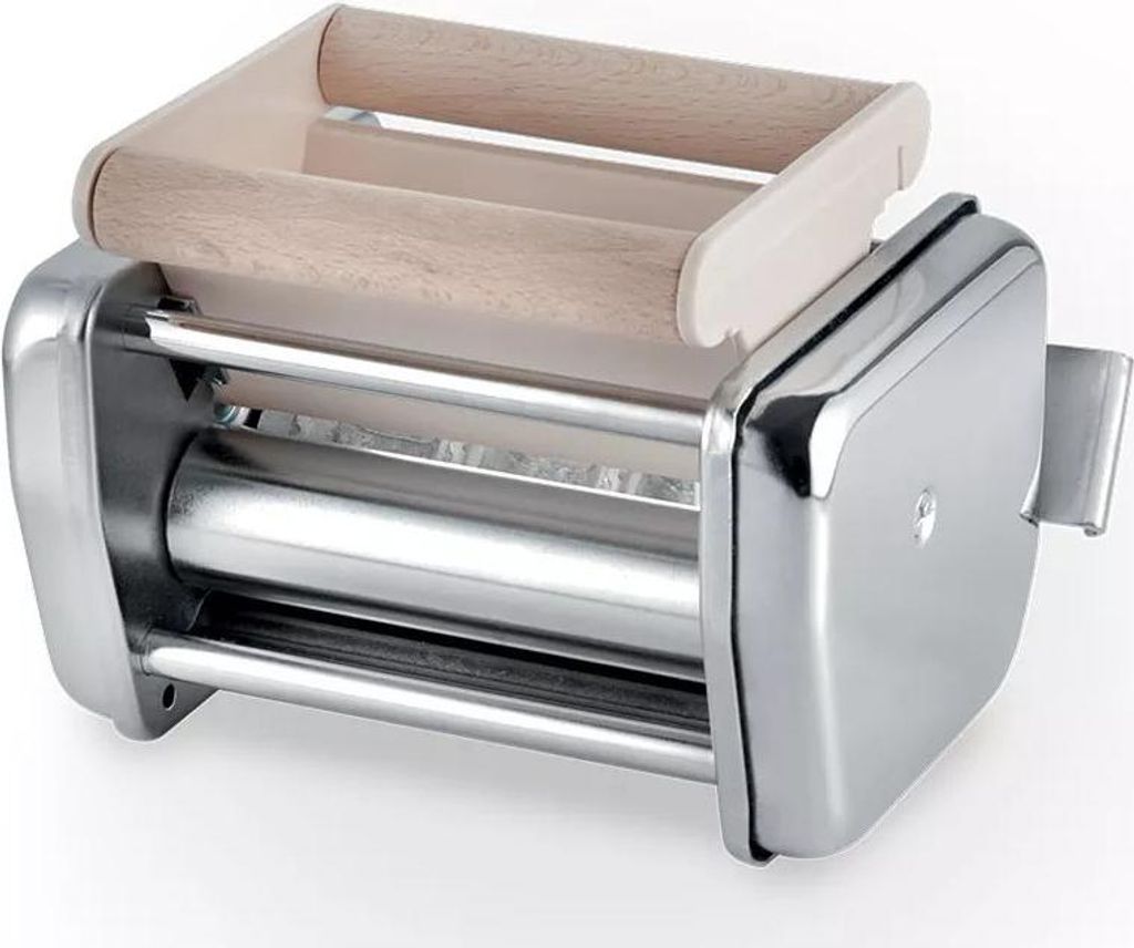A close-up studio shot of a pasta maker attachment.