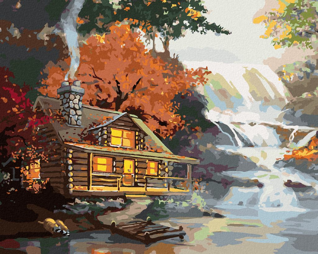 Zuty - Malen nach Zahlen - WASCHBÄR, HÜTTE UND WASSERFALL (D. RUSTY RUST), 40x50 cm, mit Keilrahmen (bereits gespannt)
